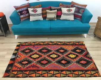 Antiker Teppich, Kelim, Türkischer Teppich, Vintage Teppich, Azteken-Teppich, Wollteppich, Wandteppich, RK 8230