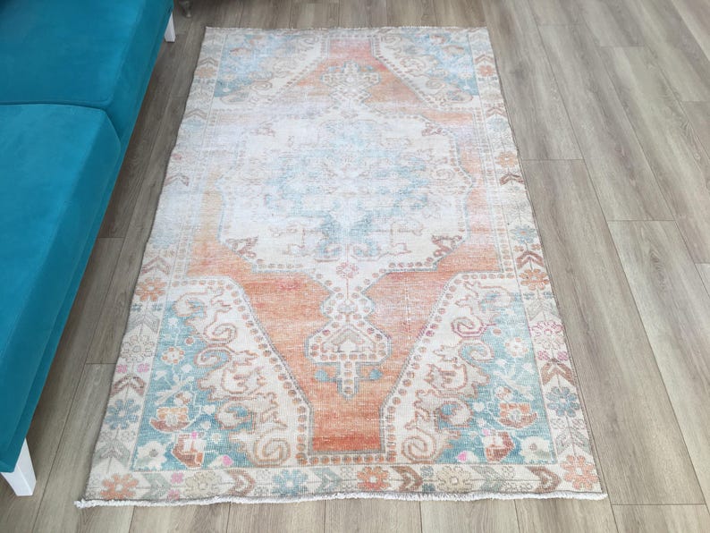 Coral Oushak Rug | 4.4x7.3 ft Living Room | Distressed Vintage Anatolian Wool image 3