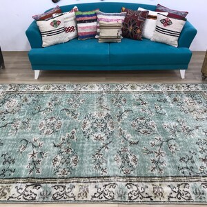 Light teal rug, Traditional rug, Turkish wool rug, Primitive rug, Rug for living room, Vintage rug, Gothic rug, 5.7 x 9.6 ft, RK 5924
