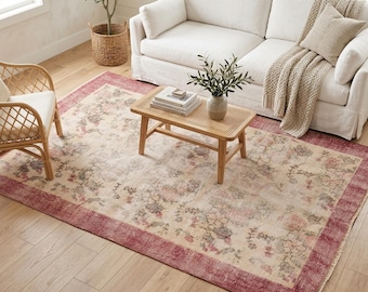 Rose Floral Rug | 3.6x3.4 ft Bedroom | Distressed Vintage Turkish Wool