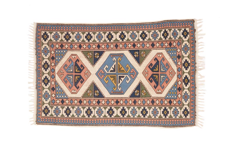 Antique turkish rug, Multicolor rug, Bordered rug, Primitive rug, Vintage area rug, Oushak wool rug, Retro rug, 4.3x6.2 ft, RK 13681