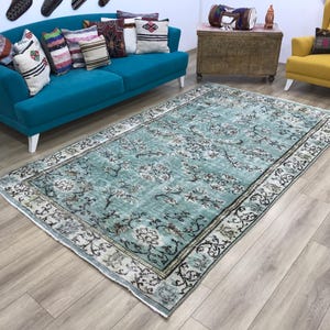 Light teal rug, Traditional rug, Turkish wool rug, Primitive rug, Rug for living room, Vintage rug, Gothic rug, 5.7 x 9.6 ft, RK 5924