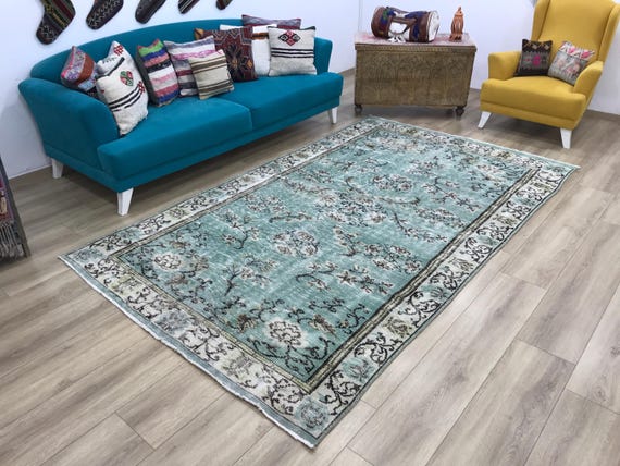 Light teal rug, Traditional rug, Turkish wool rug, Primitive rug, Rug for living room, Vintage rug, Gothic rug, 5.7 x 9.6 ft, RK 5924