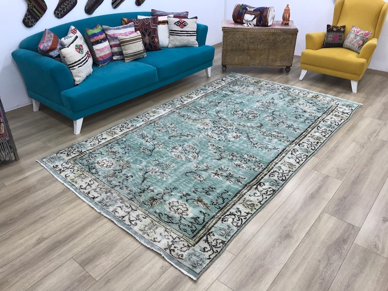 Light teal rug, Traditional rug, Turkish wool rug, Primitive rug, Rug for living room, Vintage rug, Gothic rug, 5.7 x 9.6 ft, RK 5924