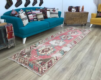 Pink oushak runner, Bohemian rug, Runner turkish rug, Handknotted rug, Hallway rug, Stair rug, Corridor rug, Vintage rug, 3x9.5 ft, RK 6137