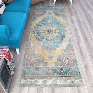 Oriental rug, Pastel color rug, Vintage turkish rug, Bohemian oushak rug, Wool rug, Area rug, Neutral rug, 3.5x10.3 feet, RK 9593