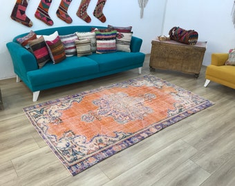Orange blue rug, Handmade rug, Turkish rug, Oushak rug, Vintage rug, 4.5 x 8 ft, Antique rug, Boho decor rug, Bedroom rug, RK 11568