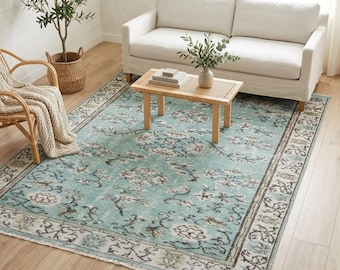 Teal Floral Rug | 5.7x9.6 ft Living Room | Overdyed Vintage Turkish Wool Carpet