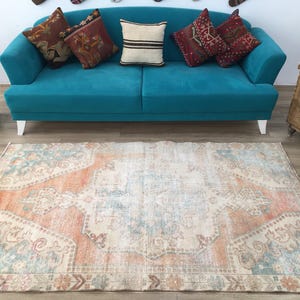 Coral Oushak Rug | 4.4x7.3 ft Living Room | Distressed Vintage Anatolian Wool image 4