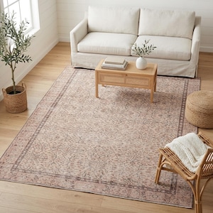 Oatmeal Floral Rug | 5.1x8.4 ft Living Room | Distressed Vintage Turkish Wool image 1