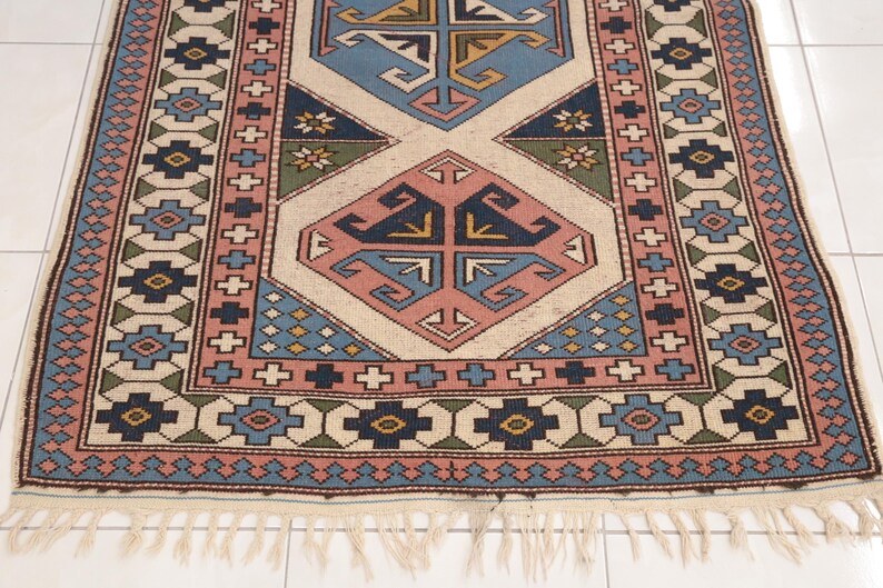 Antique turkish rug, Multicolor rug, Bordered rug, Primitive rug, Vintage area rug, Oushak wool rug, Retro rug, 4.3x6.2 ft, RK 13681