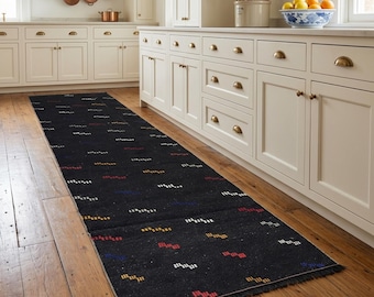 Black Minimal Kilim Runner | 2.8x8.8 ft Vintage Kitchen Rug | Tribal Flatweave Turkish Carpet