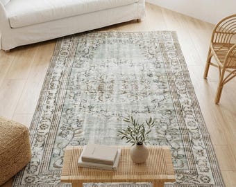 Sage Green Oushak Rug | 4.5x8.4 ft Living Room | Faded Vintage Turkish Wool Carpet