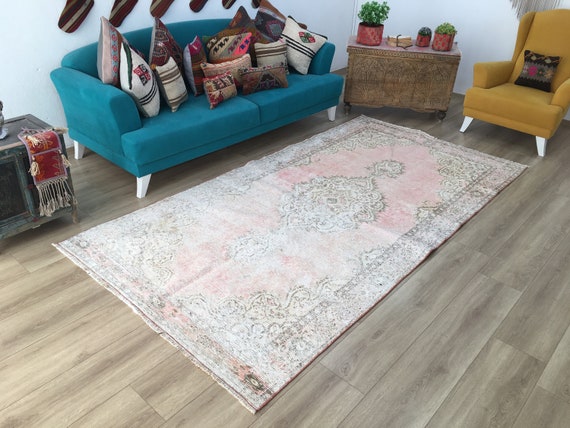 Faded Pink Rug, Worn Rug, Vintage Turkish Rug, Oushak Rug