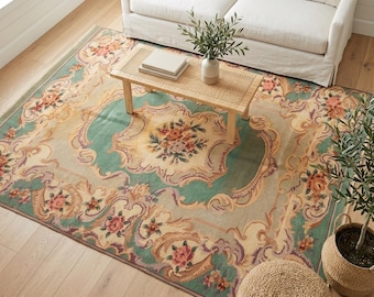 Sage Green Floral Rug | 5.2x7.9 ft Living Room | Vintage Turkish Wool