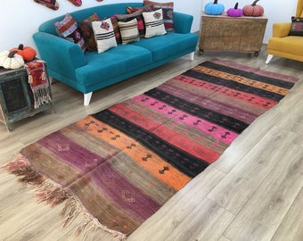 Runner Kilim rug, Turkish rug, Vintage rug, Purple rug, Woven rug, Boho decor, Home decor, Corridor rug, Kitchen rug, 4.4 x 11 ft, RK 8658