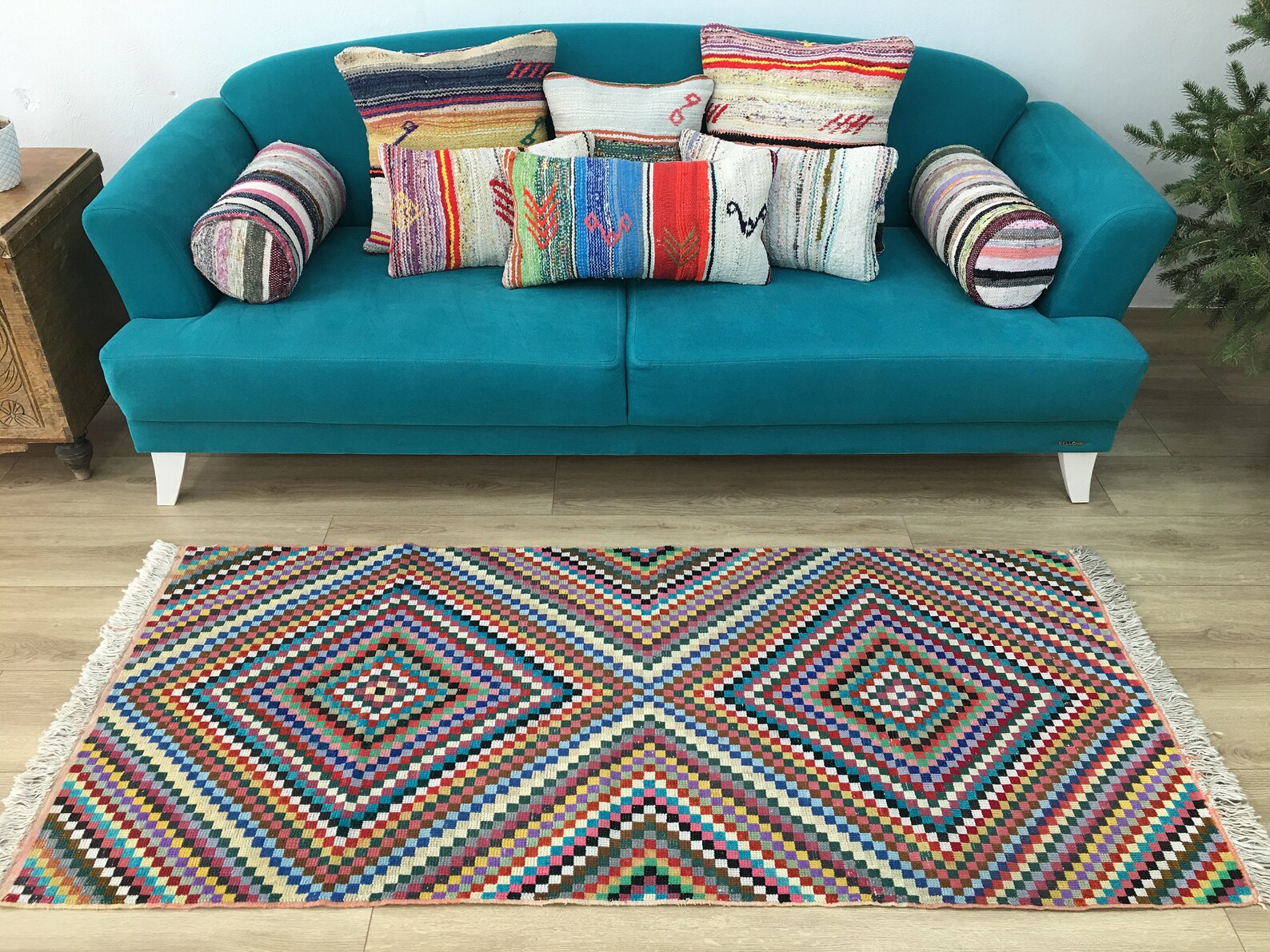 Checkered rug vintage rug turkish rug oushak rug area rug Etsy