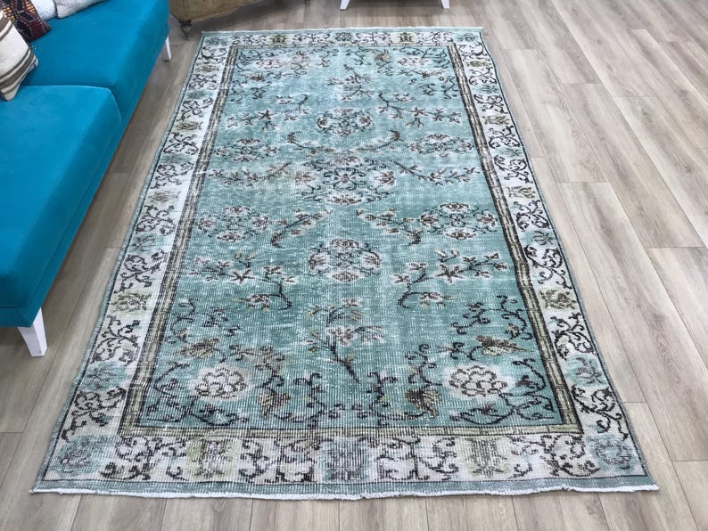 Light teal rug, Traditional rug, Turkish wool rug, Primitive rug, Rug for living room, Vintage rug, Gothic rug, 5.7 x 9.6 ft, RK 5924