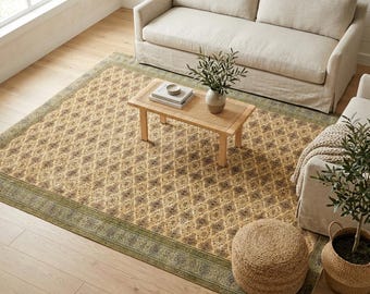 Mustard Floral Rug | 6.4x8.8 ft Living Room | Faded Vintage Turkish Wool