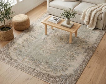 Sage Oushak Rug | 5.7x9.9 ft Living Room | Distressed Vintage Anatolian Wool