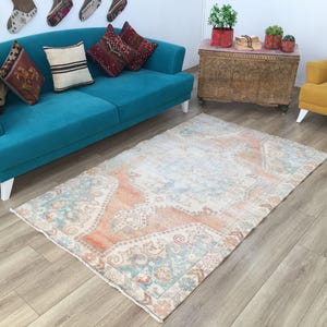 Coral Oushak Rug | 4.4x7.3 ft Living Room | Distressed Vintage Anatolian Wool image 2