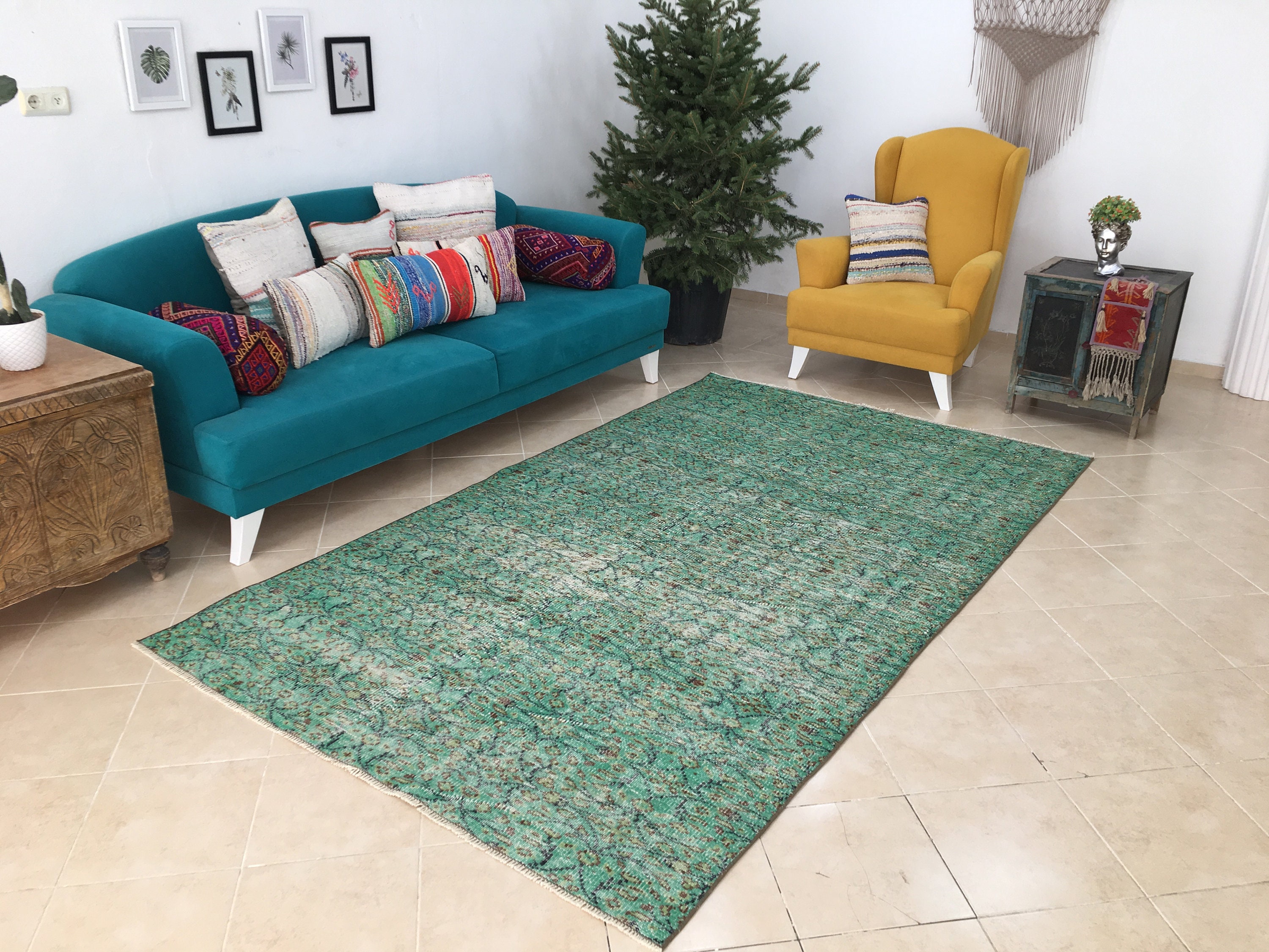 Grüner Teppich Wohnzimmer Teppich Wollteppich Vintage | Etsy