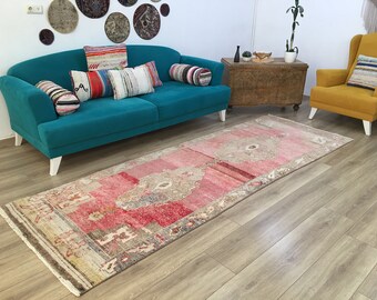 pink runner rug, turkish rug, hallway rug, corridor rug, vintage rug, area rug, bohemian rug, faded rug, wool rug, 3.6 x 10.3 ft, RK 9481