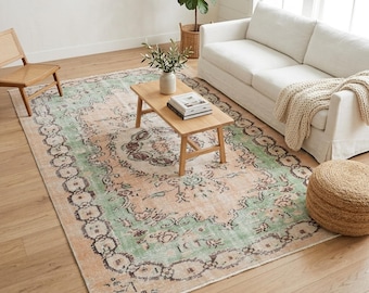 Sage Oushak Rug | 4.9x8.3 ft Living Room | Faded Vintage Turkish Wool Carpet