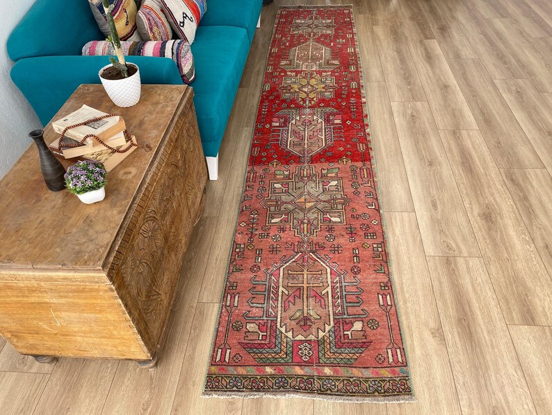 Alfombra vintage hecha a mano, alfombra turca tipo pasillo, alfombras para pasillo, alfombra a medida, alfombra anudada a mano, alfombra única, 2,4 x 12,2 pies, RK 9174 imagen 3