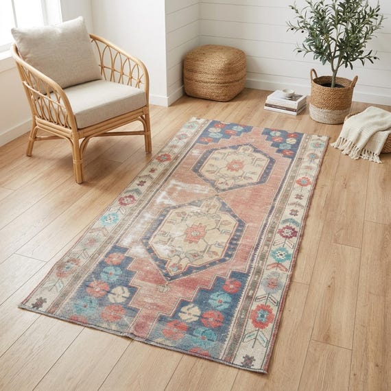 Korallen Oushak Teppich | 90x200 cm Schlafzimmer | Bunter Vintage Türkischer Wollteppich