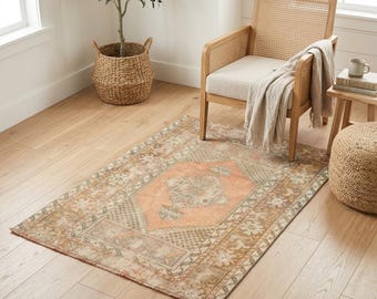 Coral Tribal Rug | 3.2x4.5 ft Entryway | Medallion Vintage Turkish Wool Carpet