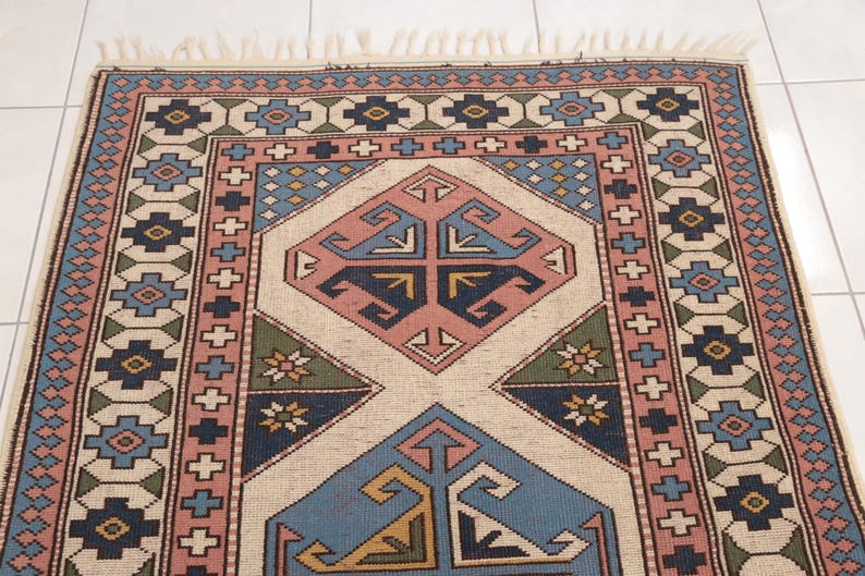 Antique turkish rug, Multicolor rug, Bordered rug, Primitive rug, Vintage area rug, Oushak wool rug, Retro rug, 4.3x6.2 ft, RK 13681