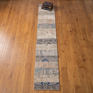 May include: A long, narrow runner rug featuring a patchwork design of muted earth tones, including beige, gray, and brown, with accents of blue. The rug displays various geometric and floral patterns across its surface, topped by three stacked books.