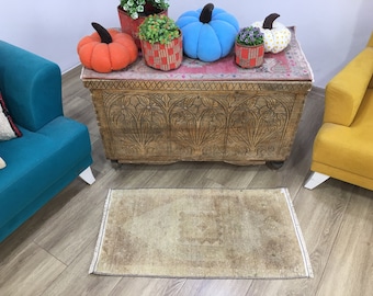 Boho rug, Muted rug, Small rug, Oushak rug, Vintage rug, Turkish rug, Livingroom rug, 1.6 x 3.1 ft, Handmade rug, Wool rug,  RK 10410