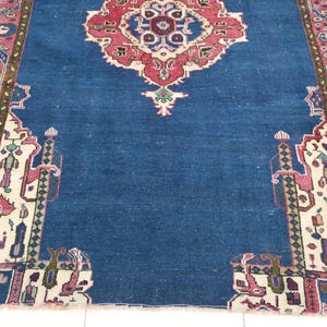 Tappeto Oushak color cobalto / 146x21 cm per soggiorno / Lana anatolica vintage immagine 6