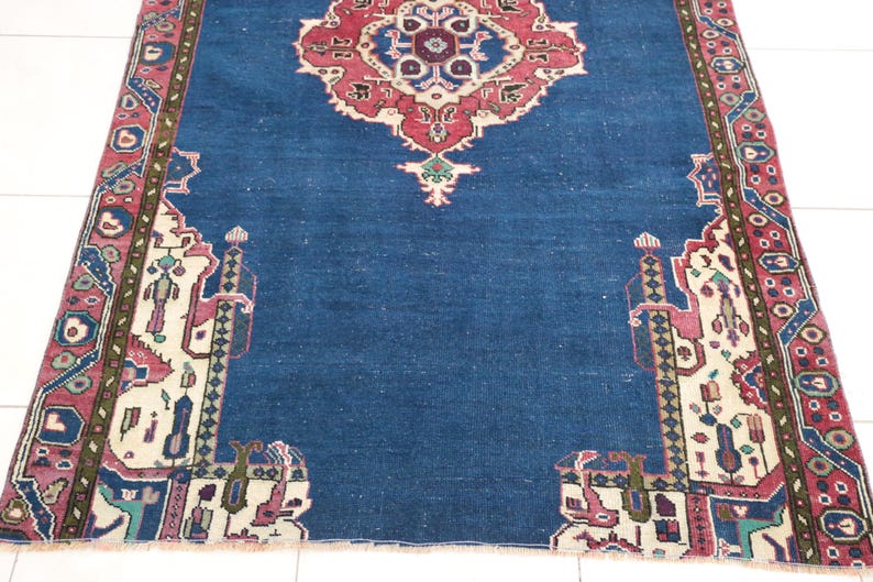Tappeto Oushak color cobalto / 146x21 cm per soggiorno / Lana anatolica vintage immagine 6