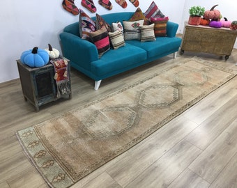 Pink runner rug, Turkish rug, Oushak rug, Area rug, Hallway rug, Wool rug, Stair rug, Handmade rug, Long size rug, 3.1x12.2 ft, RK 10343