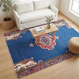Tappeto Oushak color cobalto / 146x21 cm per soggiorno / Lana anatolica vintage immagine 1
