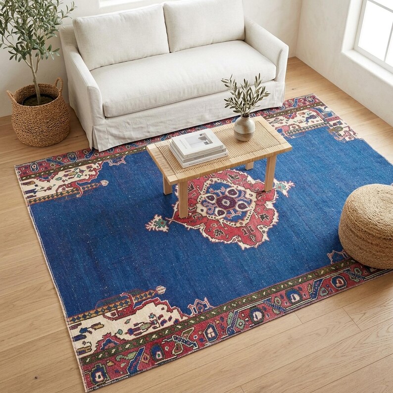 Tappeto Oushak color cobalto / 146x21 cm per soggiorno / Lana anatolica vintage immagine 1