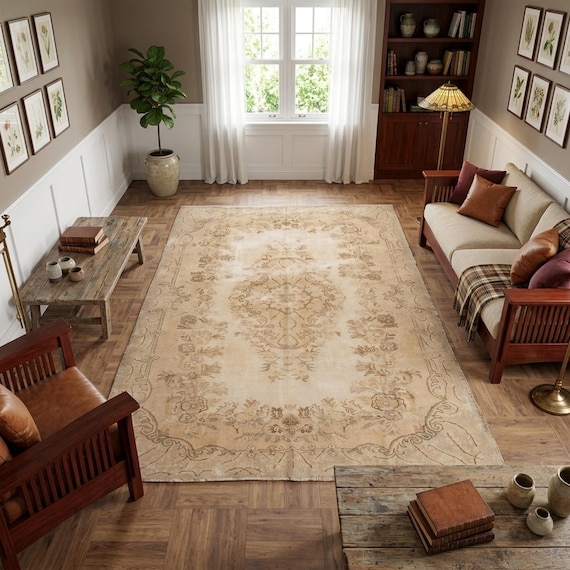 Neutral rug, Earth Tone Rug, Handmade Rug, Rug for living room, Hand knotted Rug, Antique Rug, Wool Rug, Bedroom Rug, 6.4 x 9.9 ft, RK 12401