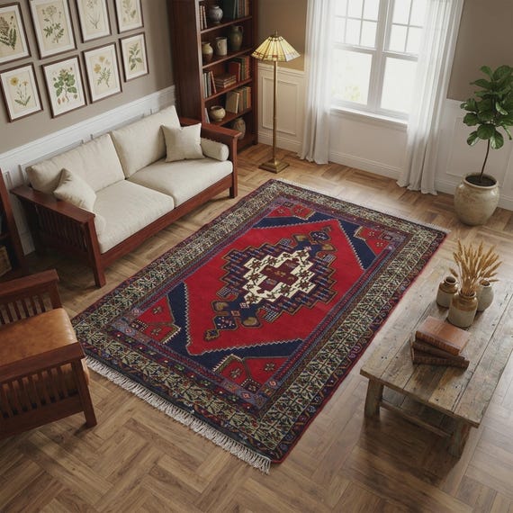 Geometrischer Tribal Teppich, Handgemachter Türkischer Vintage Teppich, Roter und Marine Wollteppich, Kurzflor Teppich, 160 x 200 cm, RK 14746