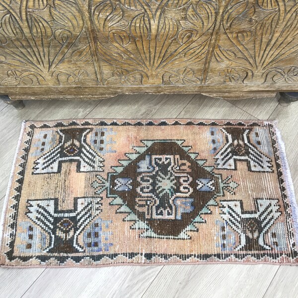 Bohemian mat, Sustainable mat, Vintage rug, Wool mat, Patchwork rug, Turkish rug, Cute bath mat, Oushak rug, Old mat, 1.4 x 2.6 ft, RK 12052