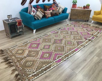 Ikat rug, Oushak rug, Kilim rug, Vintage rug, Turkish rug, 4.9 x 12.1 ft, Antique rug, Rustic rug, Bohemian rug, Aztec rug, RK 10159