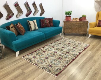 purple floral rug, turkish rug, area rug, oushak rug, vintage rug, bohemian rug, turkey rug, home decor, bedroom rug, 3.8x6.2 ft. , RK 7853