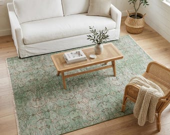 Groen gebloemd vloerkleed | Slaapkamer van 3,8 x 6,9 ft | Verouderde vintage Turkse wol