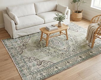 Sage Green Oushak Rug | 5.2x7.9 ft Living Room | Distressed Vintage Turkish Wool Carpet