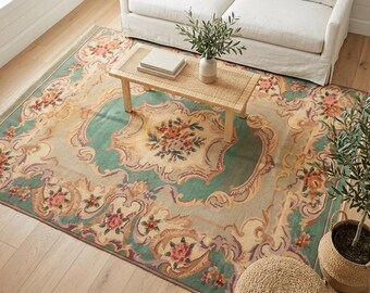 Sage Green Floral Rug | 5.2x7.9 ft Living Room | Vintage Turkish Wool