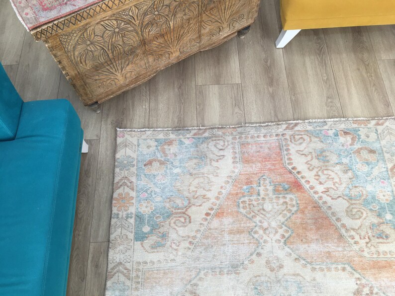Coral Oushak Rug | 4.4x7.3 ft Living Room | Distressed Vintage Anatolian Wool image 8