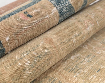 ベージュとブルーのトルコ製ラグ、クールランナーラグ、ヴィンテージ