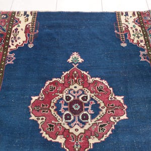 Tappeto Oushak color cobalto / 146x21 cm per soggiorno / Lana anatolica vintage immagine 4